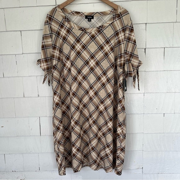 Women’s 3X Tacera Plaid At The Knee Dress NWT Brown White Orange - Picture 1 of 12
